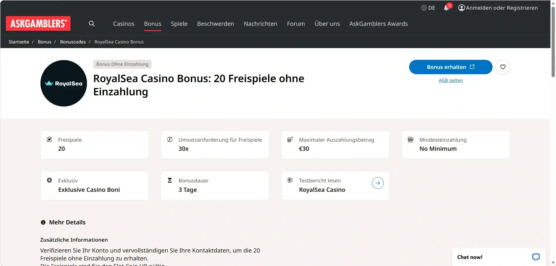 Aktuelle Angebotskarte für 20 RoyalSea Freispiele ohne Einzahlung in deutscher Darstellung