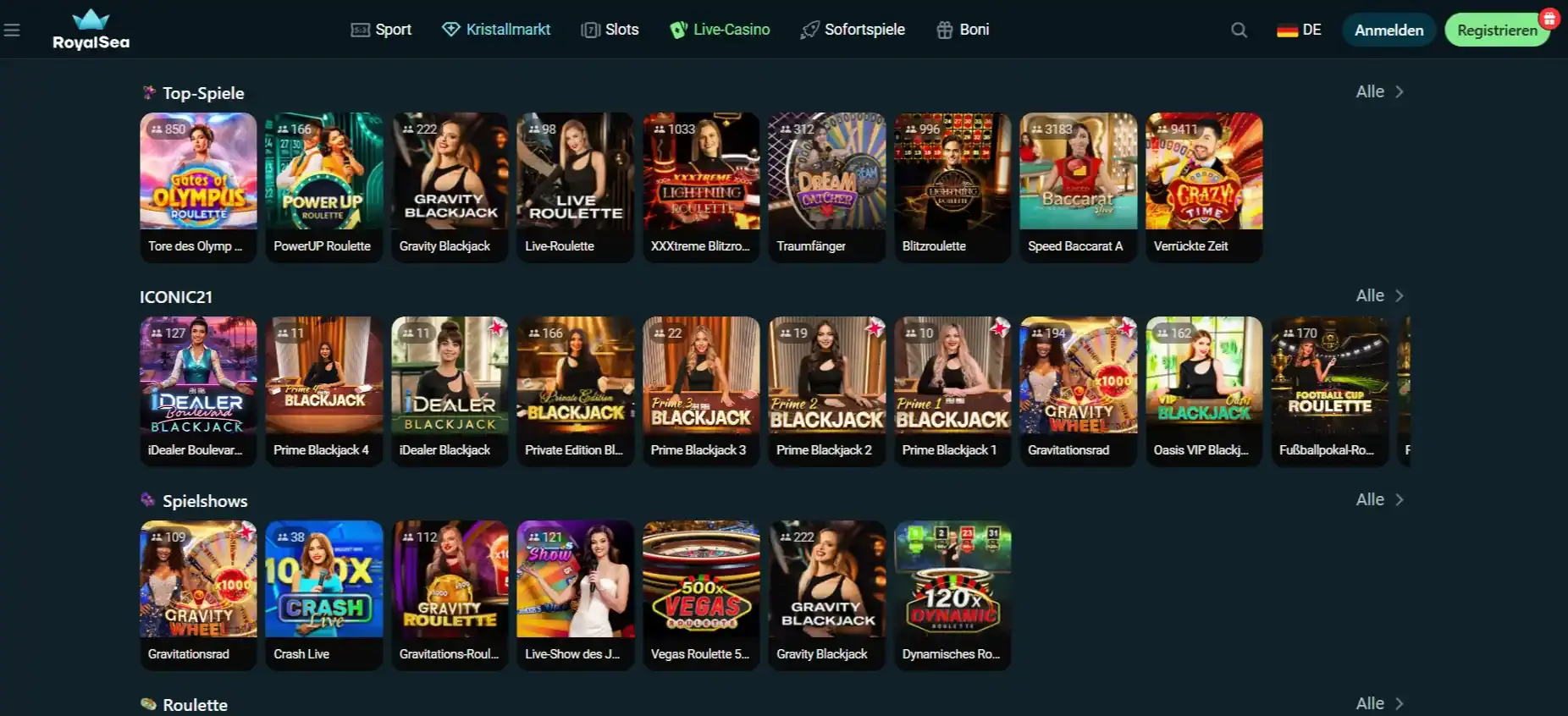 Aktuelle RoyalSea-Live-Casino-Lobby mit sichtbaren Live-Kategorien und echten Spielkacheln