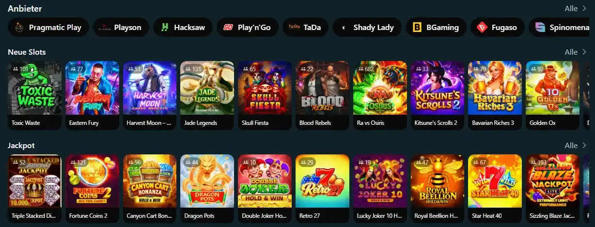 Aktuelle RoyalSea-Spielelobby mit sichtbaren Spielkategorien und Providerfiltern