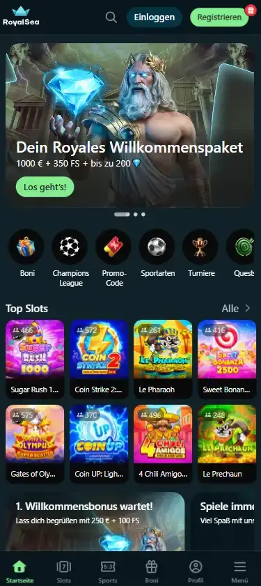 Aktuelle RoyalSea-Startseite oder Spielelobby in einer schmalen mobilen Browseransicht