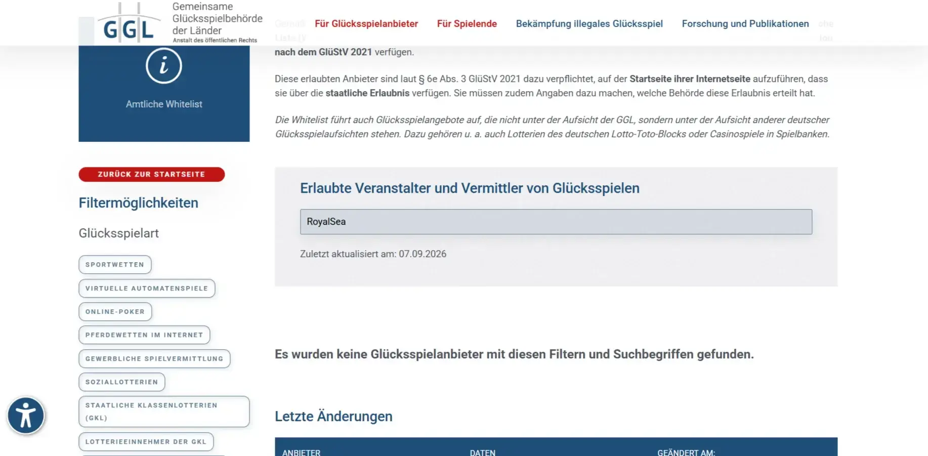 Amtliche GGL-Whitelist für die RoyalSea-Lizenzprüfung