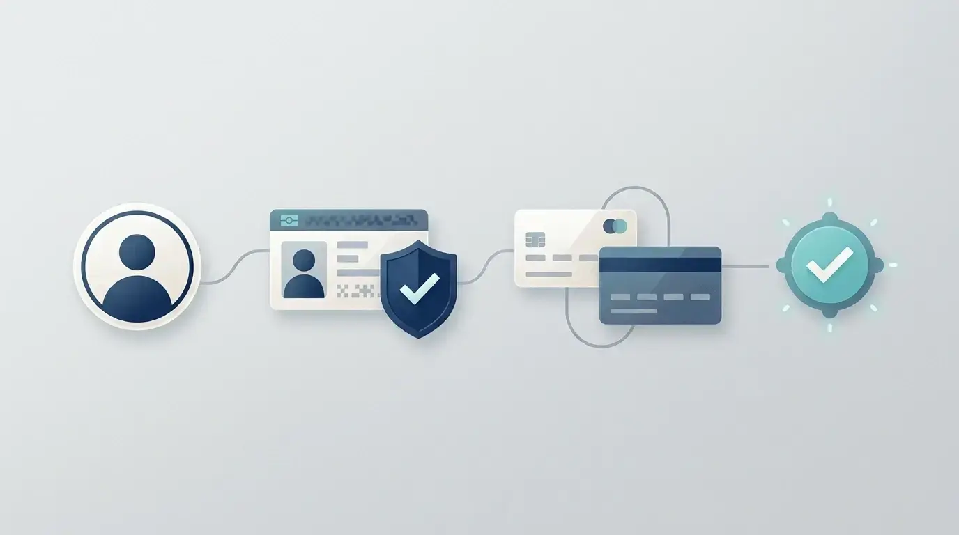 Neutrale Darstellung eines KYC-Prozesses von Konto über Identitätsprüfung und Zahlungsabgleich bis zur Auszahlung