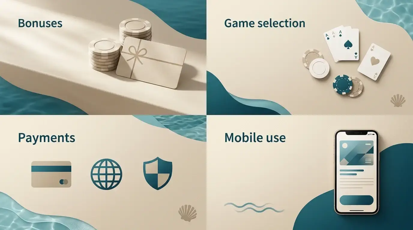 Neutrale Übersicht mit Bonus, Spielen, Zahlungen und Mobile als getrennte Entscheidungsfelder